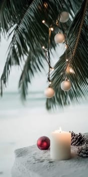 Tropical beach Christmas scene with candle, palm leaves, festive ornaments, vertical background, AI generated