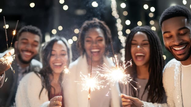 Group of multiracial adults celebrating New Year with sparklers outdoors, joyful winter scene, AI generated