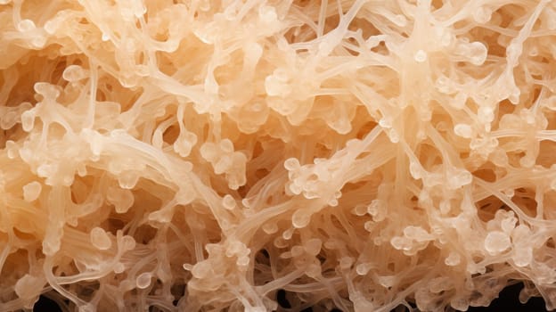 Natural fungus mycelium network texture closeup. Filaments of fungi microorganisms microscopy. AI Generative content
