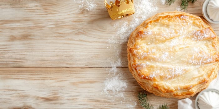 Three kings holiday festive cake topped with golden paper crown on a table, background, AI generated