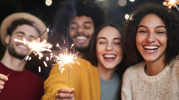 Group of multiracial adults celebrating New Year with sparklers outdoors, joyful winter scene, AI generated