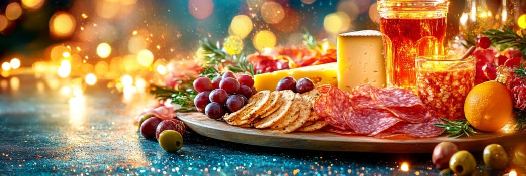 Festive charcuterie board with assorted cheeses and meats on rustic table, background, AI generated