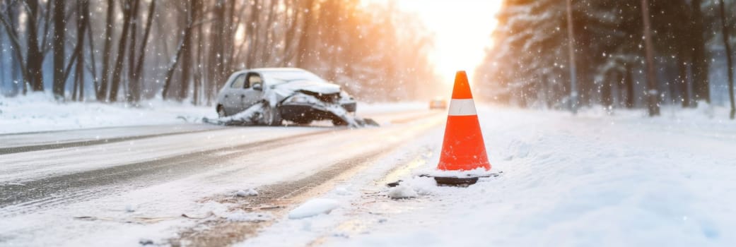 Orange traffic cone in foreground on snowy road with car accident, concept of safety on the winter roads, AI Generated