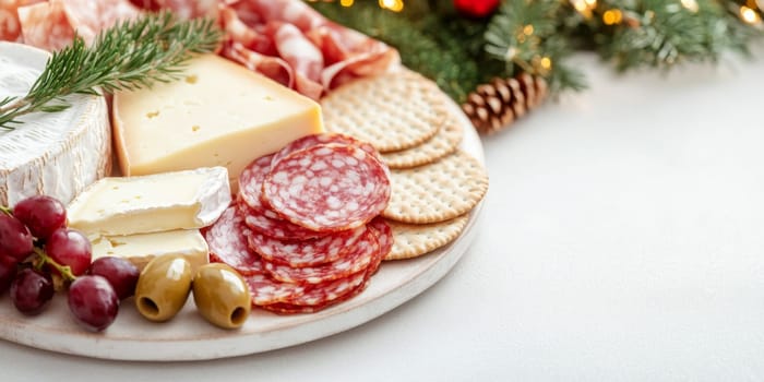 Christmas or New Year holiday charcuterie platter with cheeses, salami, grapes, olives on board, festive background, copy space, AI generated