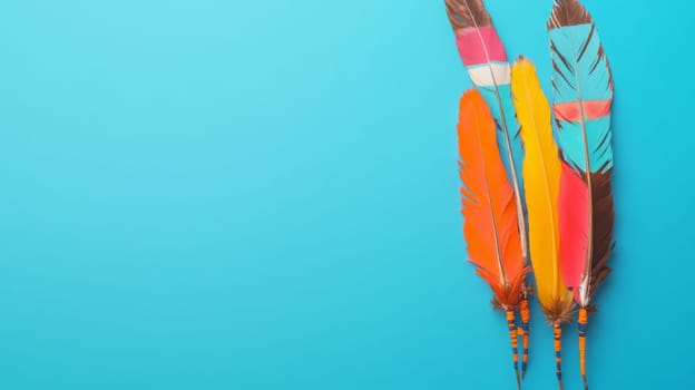 Nation indigenous peoples day concept, Colorful feather on minimslist color background, AI generated