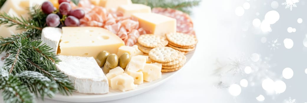 Christmas or New Year holiday charcuterie platter with cheeses, salami, grapes, olives on board, festive background, copy space, AI generated