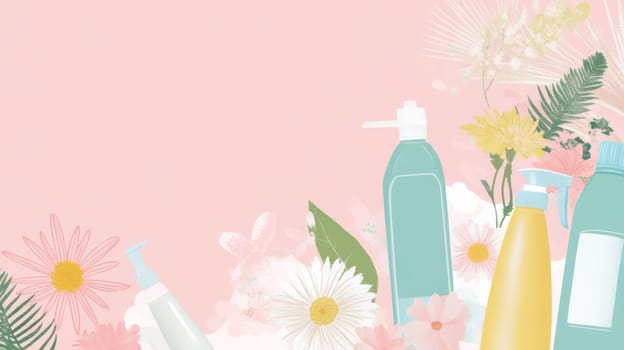 Bottles with spray and flowers on white background for spring cleaning concept, AI Generated