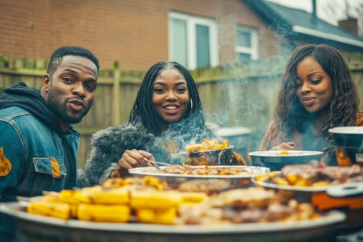 Family gathered for outdoor autumn feast with roasted turkey, enjoying food, AI Generated