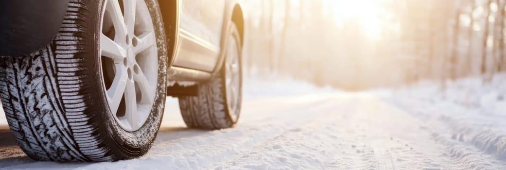 Car on snowy forest road with sunlight, winter tires replacing service concept, copy space banner background, AI Generated