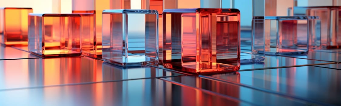 Abstract background of reflective neon purple, blue and orange glass cubes with copy space, AI generated
