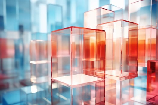Abstract background of reflective neon purple, blue and orange glass cubes with copy space, AI generated
