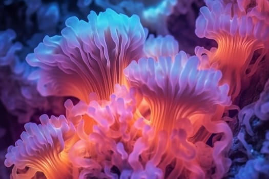 Natural fungus mycelium network texture closeup. Environmental friendly filaments of fungi microorganisms microscopy in bright neon colors, AI Generated