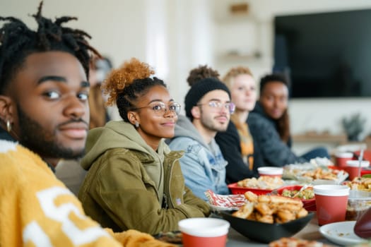 Friends watching Super Bowl football game eating snacks together at home, AI generated