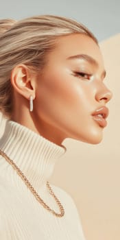 Young woman in profile with closed eyes wearing white turtleneck, background, AI generated