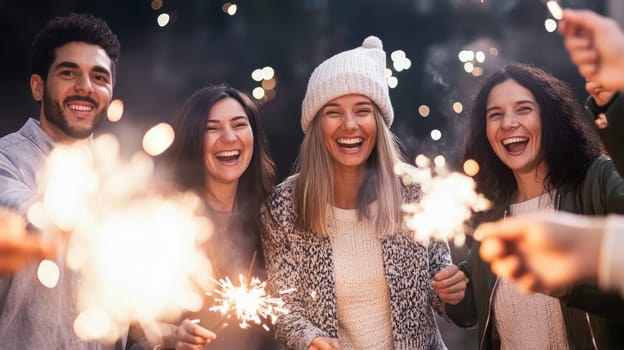 Group of multiracial adults celebrating New Year with sparklers outdoors, joyful winter scene, AI generated