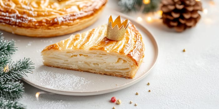Three kings holiday festive cake topped with golden paper crown on a table, background, AI generated