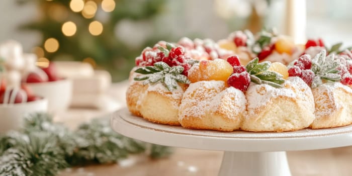 Festive Christmas holiday dessert table with various cakes and pastries, ideal as cheerful background, AI Generated