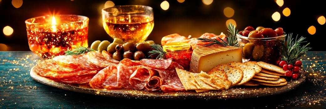 Festive charcuterie board with assorted cheeses and meats on rustic table, background, AI generated