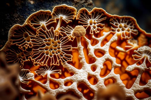 Natural fungus mycelium network texture closeup. Filaments of fungi microorganisms microscopy. AI Generative content
