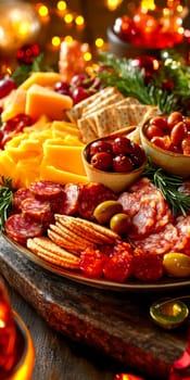 Festive charcuterie board with assorted cheeses and meats on rustic table, background, AI generated