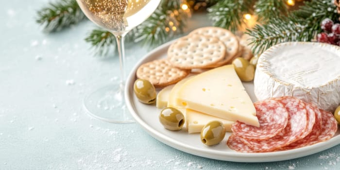 Christmas or New Year holiday charcuterie platter with cheeses, salami, grapes, olives on board, festive background, copy space, AI generated