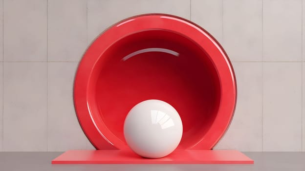 A vibrant red bowl sits against a pale background, showcasing a smooth white sphere positioned on a matching red base. This arrangement emphasizes simplicity and color contrast.