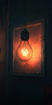 A light bulb is lit up and hanging from a frame. The light bulb is glowing orange and the frame is dark