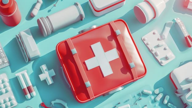 A medical background with first aid kit and emergency medical supplies, indicating emergency preparedness and response