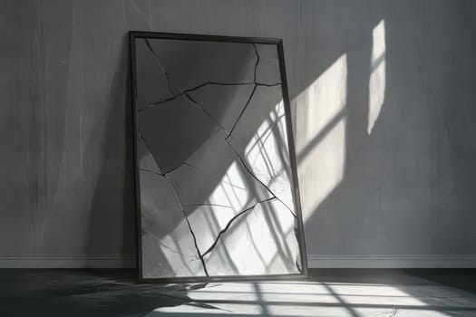 A cracked mirror leaning against a gray wall with sunlight streaming through, creating a minimalist and artistic atmosphere.
