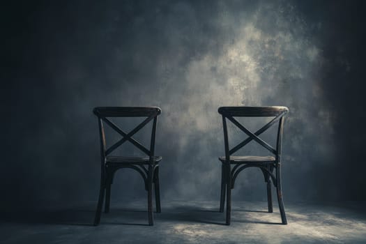 Two vintage wooden chairs in a minimalist setting with dramatic lighting against a textured background, ideal for artistic and interior design themes.