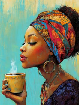 Beautiful African-American woman with an elaborate scarf on her head, holding a cup of coffee in her hand. AI generative.