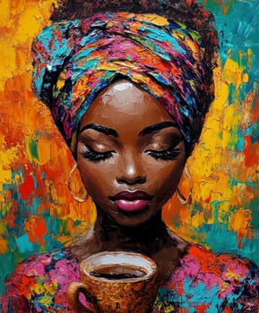 Beautiful African-American woman with an elaborate scarf on her head, holding a cup of coffee in her hand. AI generative.