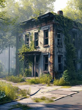 Photos of abandoned,ghostly buildings standing in the woods. AI generative.