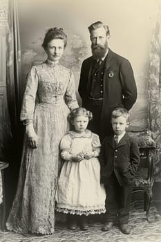 Victorian-era family posing for a formal portrait. AI generative.