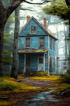 Photos of abandoned,ghostly buildings standing in the woods. AI generative.
