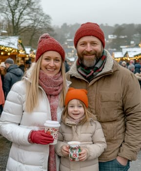 family at Christmas market. AI generative.