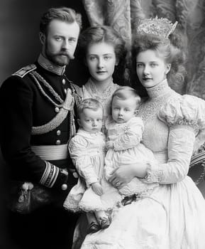 Victorian-era family posing for a formal portrait. AI generative.