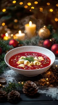Polish Red Beetroot Borscht with ravioli on the Christmas Eve table AI generative