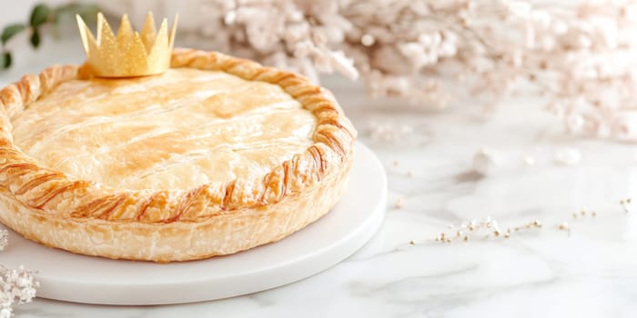 Three kings holiday festive cake topped with golden paper crown on a table, background, AI generated