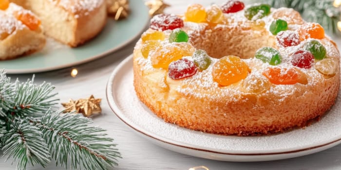 Three kings holiday festive fruitcake topped with colorful candied fruits on a table, background, AI generated