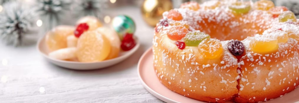 Three kings holiday festive fruitcake topped with colorful candied fruits on a table, background, AI generated