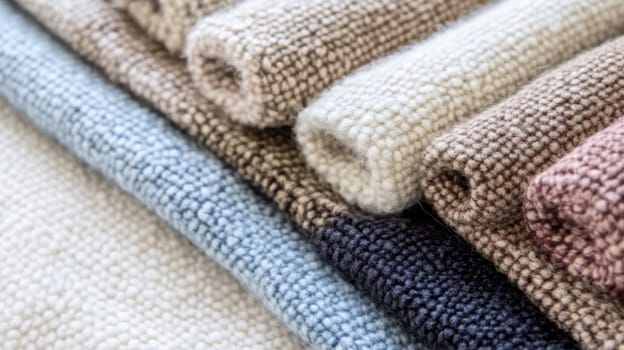 Boucle Fabric samples in various neutral colors close up arranged, texture detail, interior design palette background, AI generated