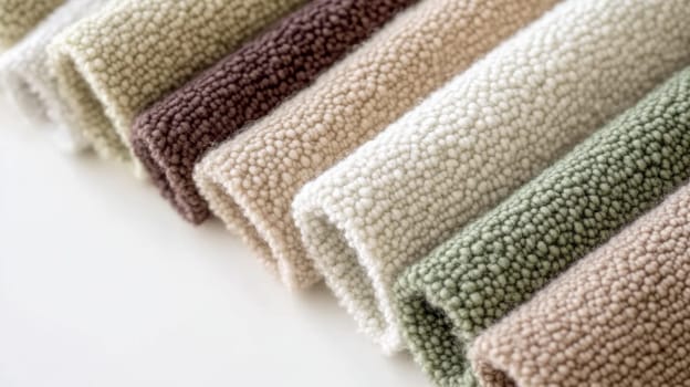 Boucle Fabric samples in various neutral colors close up arranged, texture detail, interior design palette background, AI generated