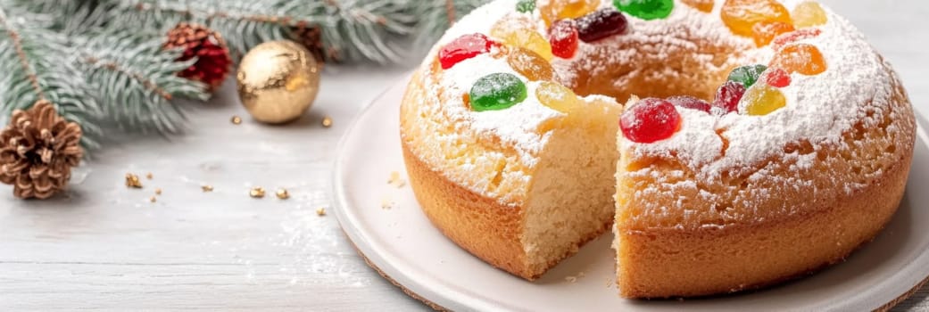 Three kings holiday festive fruitcake topped with colorful candied fruits on a table, background, AI generated