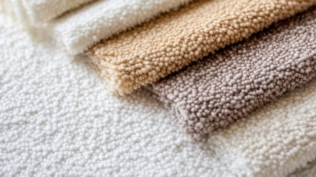 Boucle Fabric samples in various neutral colors close up arranged, texture detail, interior design palette background, AI generated