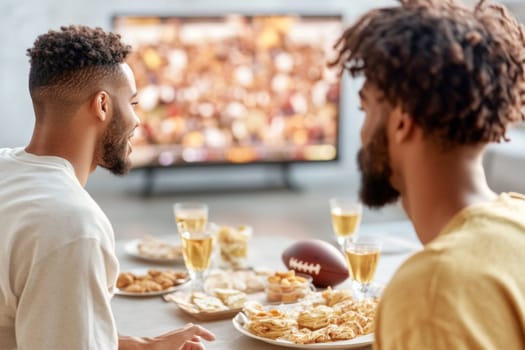 Friends watching Super Bowl football game eating snacks together at home, AI generated