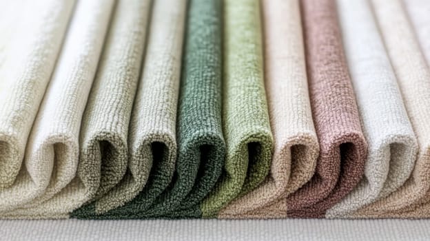 Chenille Fabric samples in various neutral colors close up arranged, texture detail, interior design palette background, AI Generated