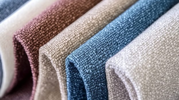 Boucle Fabric samples in various neutral colors close up arranged, texture detail, interior design palette background, AI generated