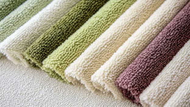 Chenille Fabric samples in various neutral colors close up arranged, texture detail, interior design palette background, AI Generated