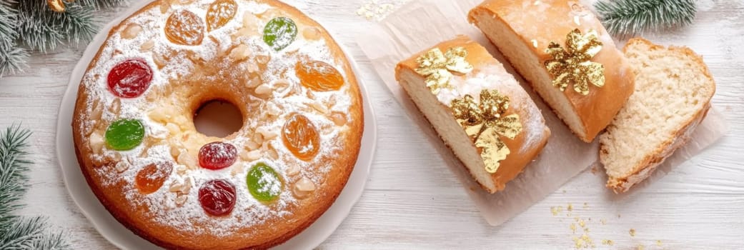 Three kings holiday festive fruitcake topped with colorful candied fruits on a table, background, AI generated